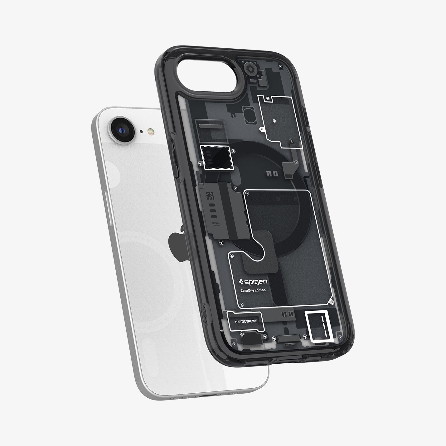 ACS09141 - iPhone 16e Case Ultra Hybrid Zero One (MagFit) in Zero One showing the back and partial side hovering in front of the device