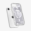 ACS09142 - iPhone 16e Case Ultra Hybrid Zero One (MagFit) in Zero One White showing the back and partial side hovering in front of the device