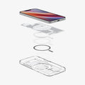 ACS09142 - iPhone 16e Case Ultra Hybrid Zero One (MagFit) in Zero One White showing the device hovering above the detached inner layer, metal ring parts and the case