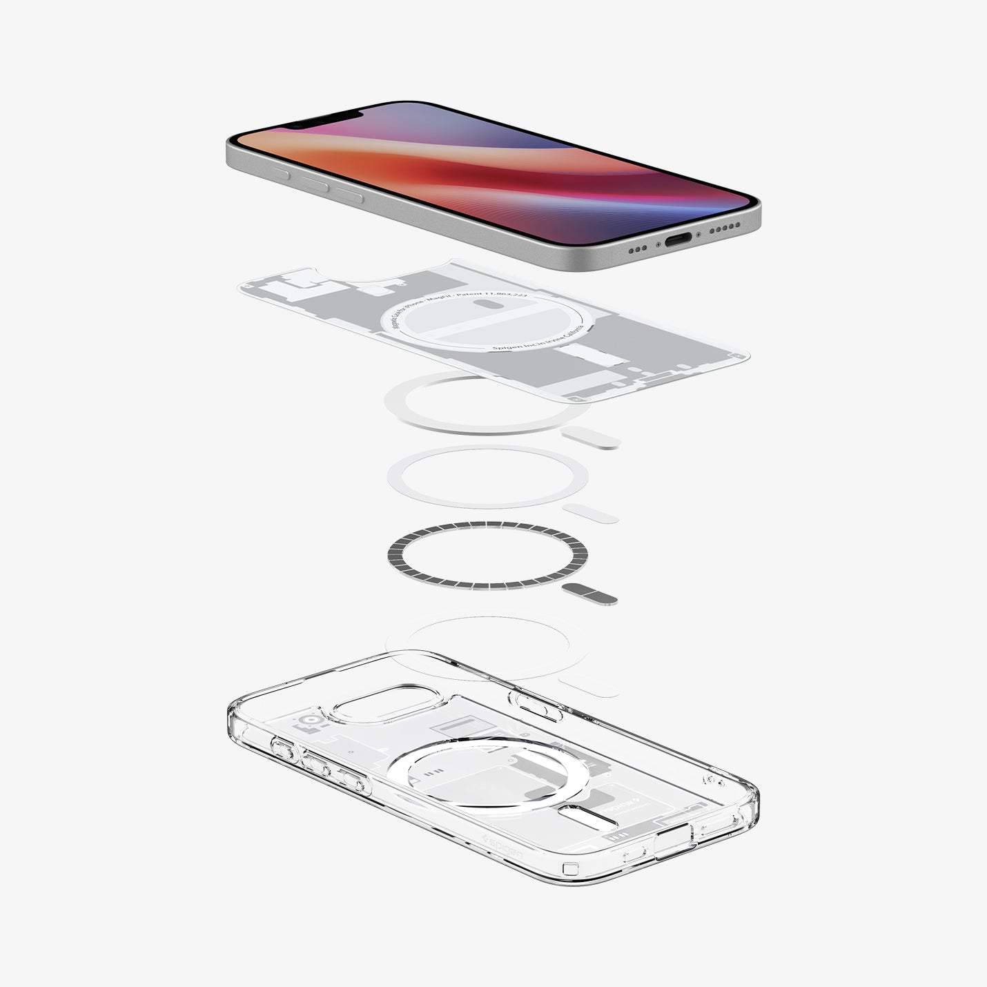 ACS09142 - iPhone 17e Case Ultra Hybrid Zero One (MagFit) in Zero One White showing the device hovering above the detached inner layer, metal ring parts and the case