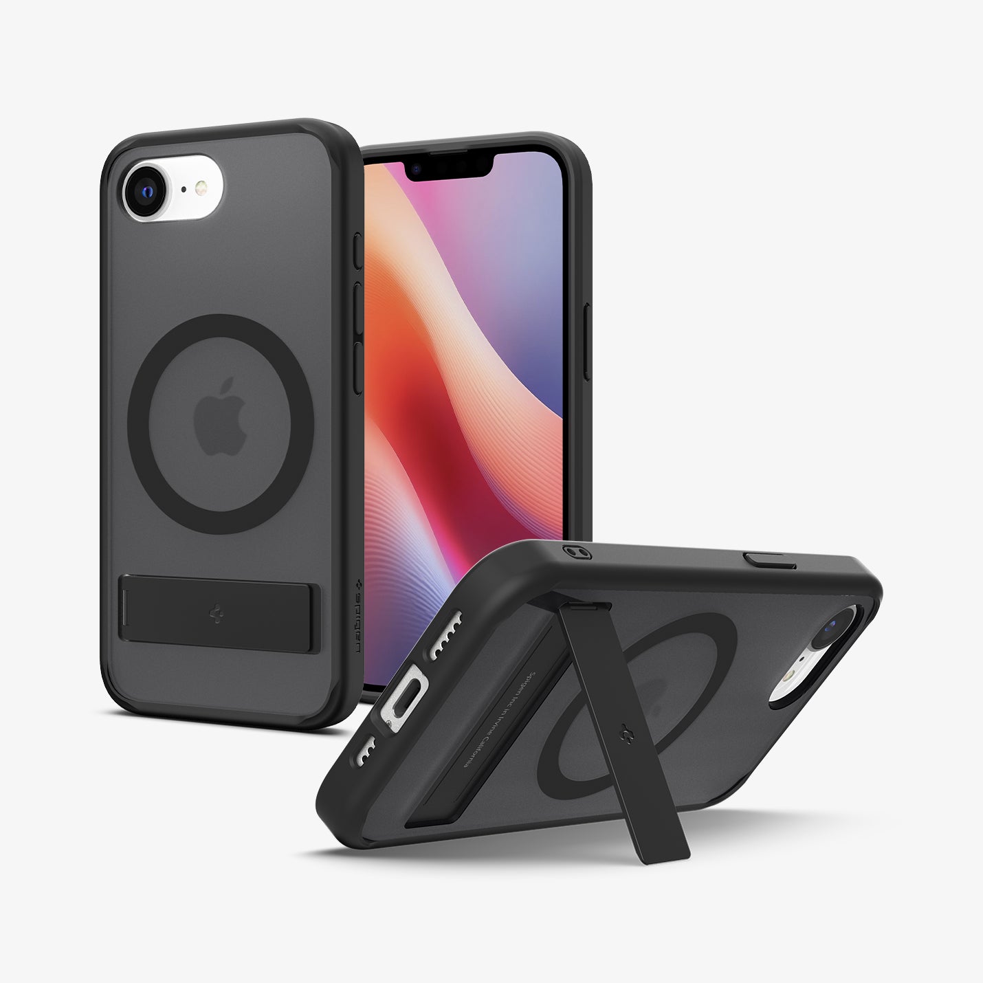 ACS09149 - iPhone 16e Case Ultra Hybrid S (MagFit) in Frost Black showing the back, partial front, sides and bottom propped up with the built-in kickstand