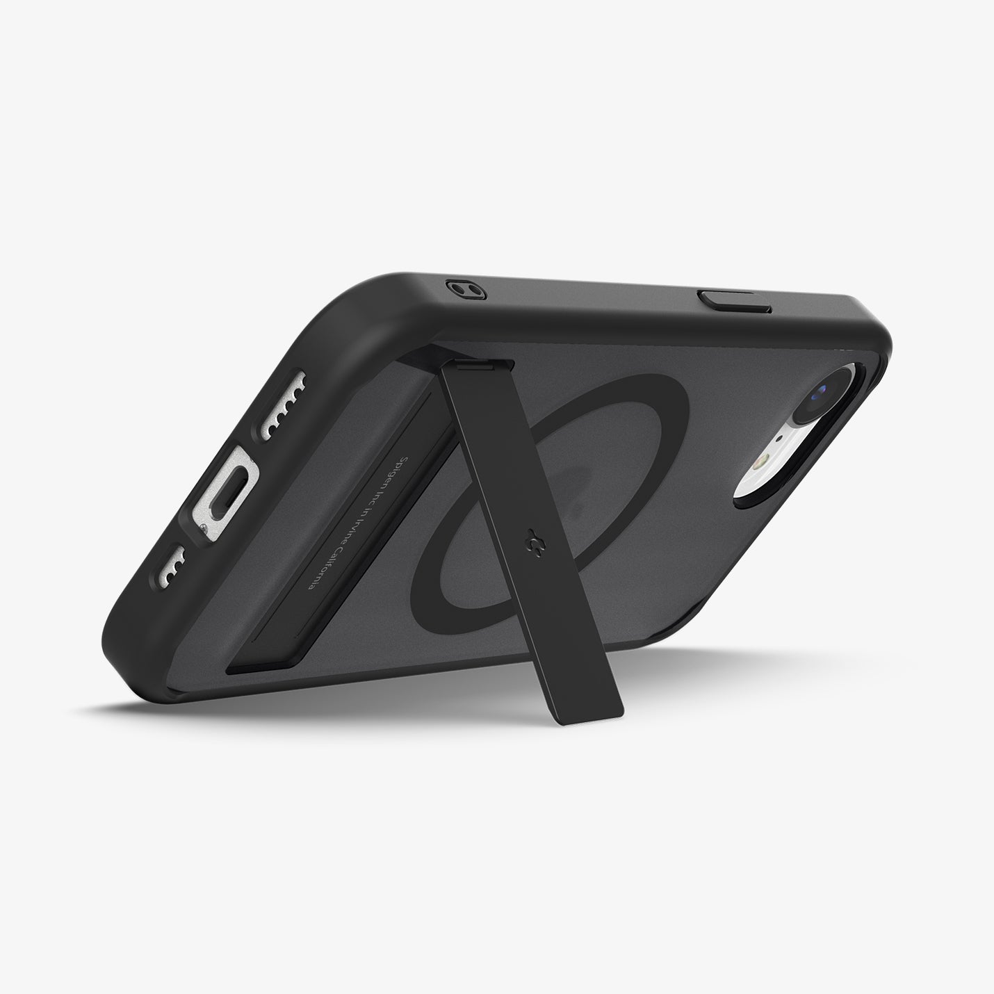 ACS09149 - iPhone 16e Case Ultra Hybrid S (MagFit) in Frost Black showing the back, partial side and bottom propped up with the built-in kickstand in landscape style