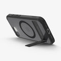 ACS09149 - iPhone 16e Case Ultra Hybrid S (MagFit) in Frost Black showing the back, partial side and bottom propped up with the built-in kickstand