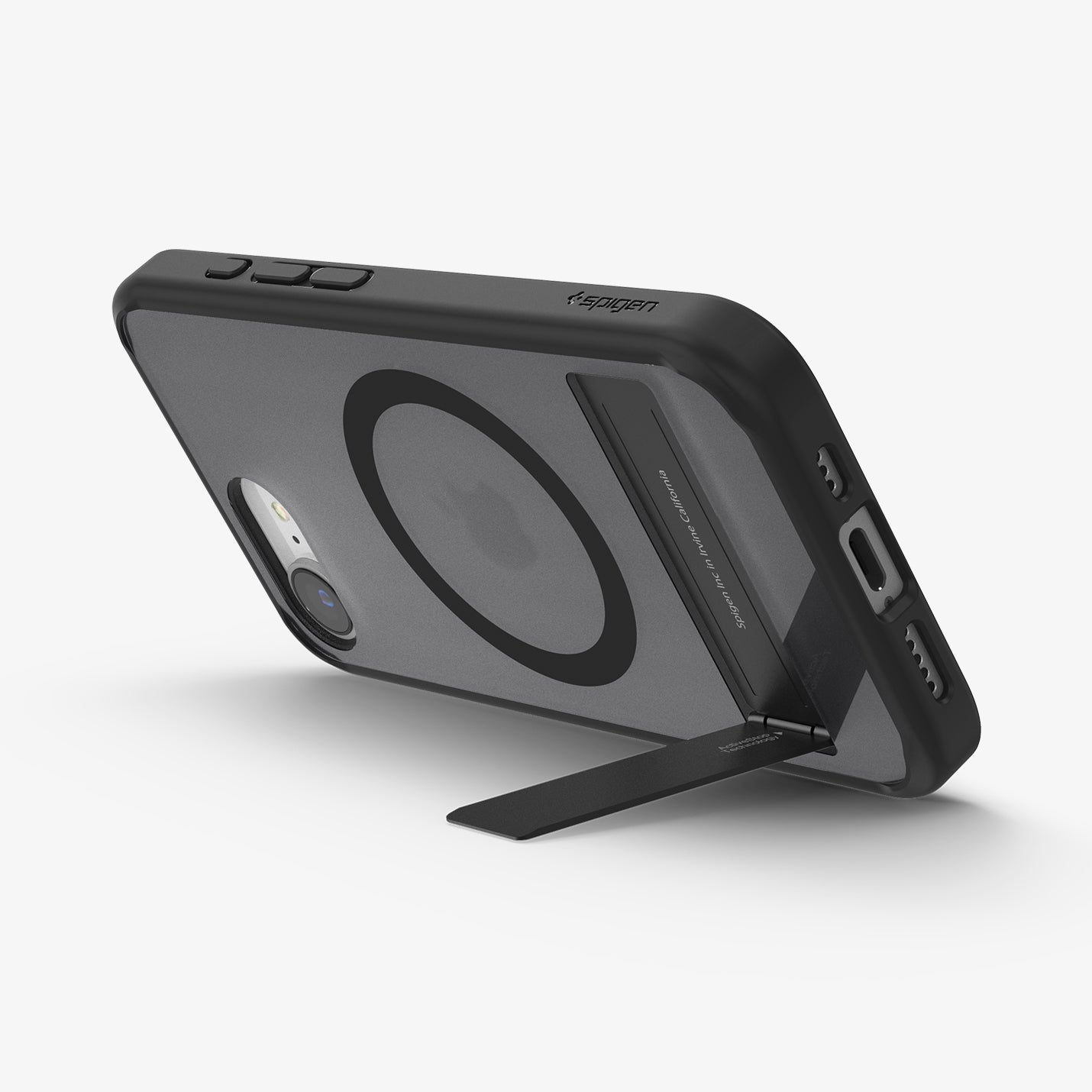 ACS09149 - iPhone 16e Case Ultra Hybrid S (MagFit) in Frost Black showing the back, partial side and bottom propped up with the built-in kickstand