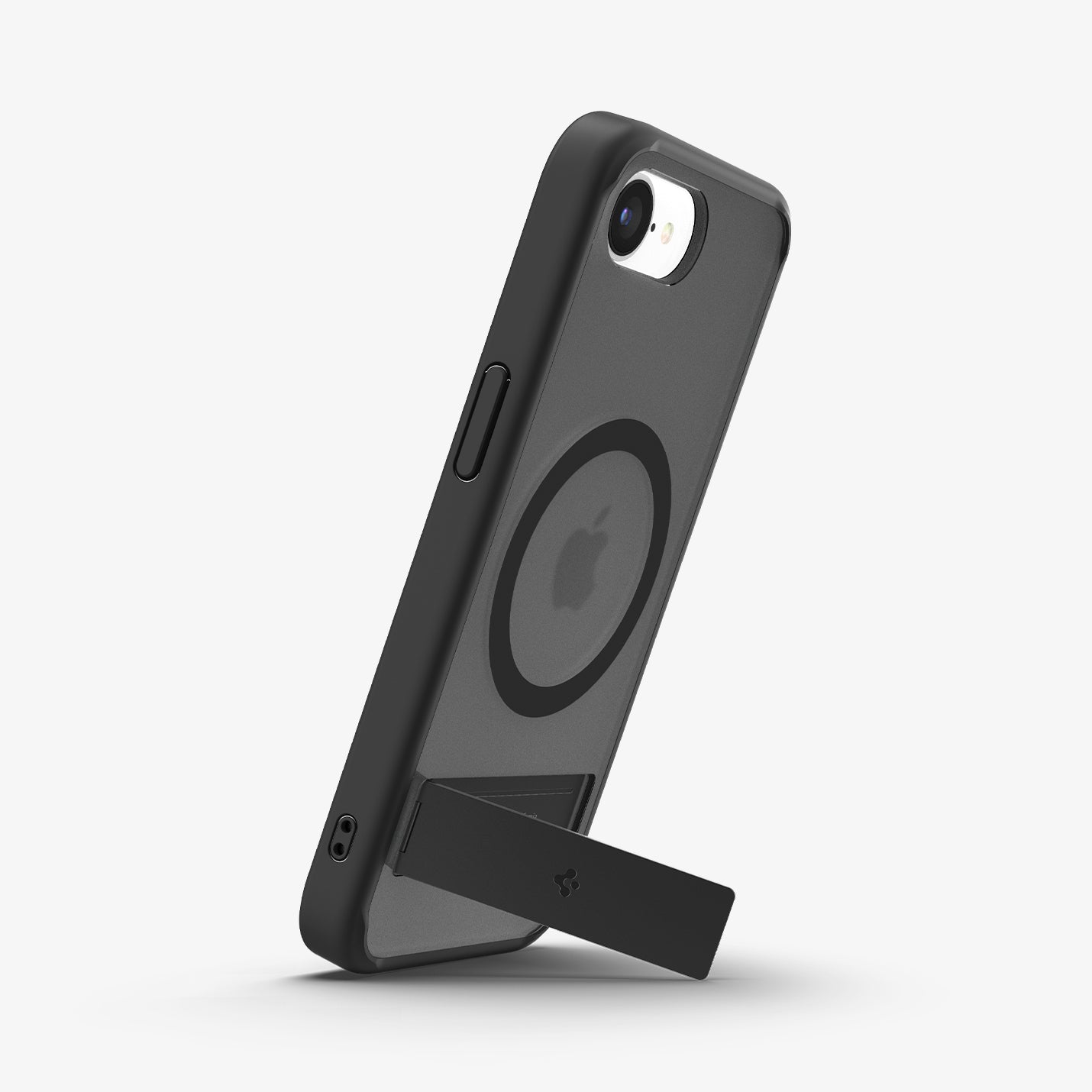 ACS09149 - iPhone 16e Case Ultra Hybrid S (MagFit) in Frost Black showing the back, partial side propped up with the built-in kickstand in portrait style