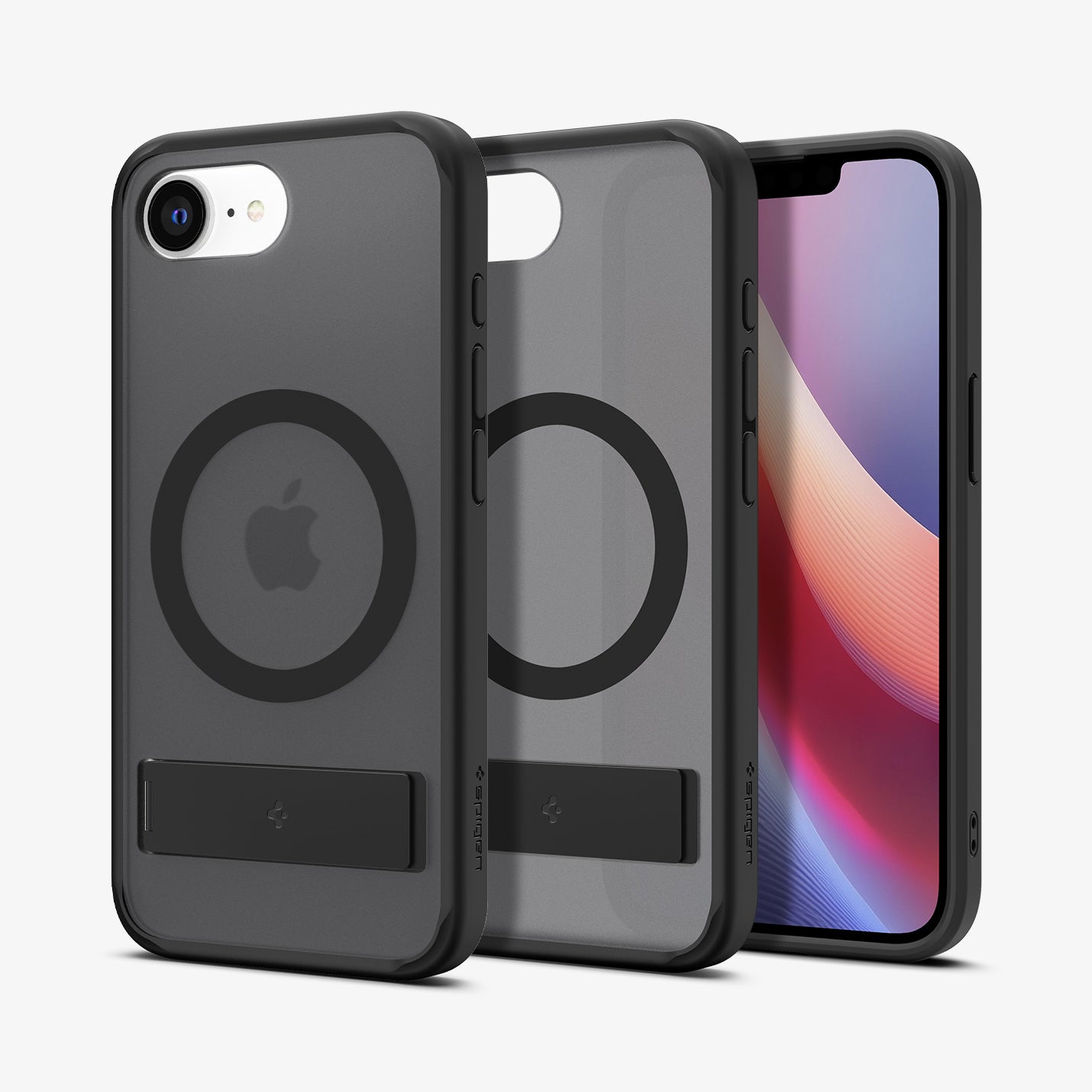 ACS09149 - iPhone 16e Case Ultra Hybrid S (MagFit) in Frost Black showing the back with and without the device, partial front and sides