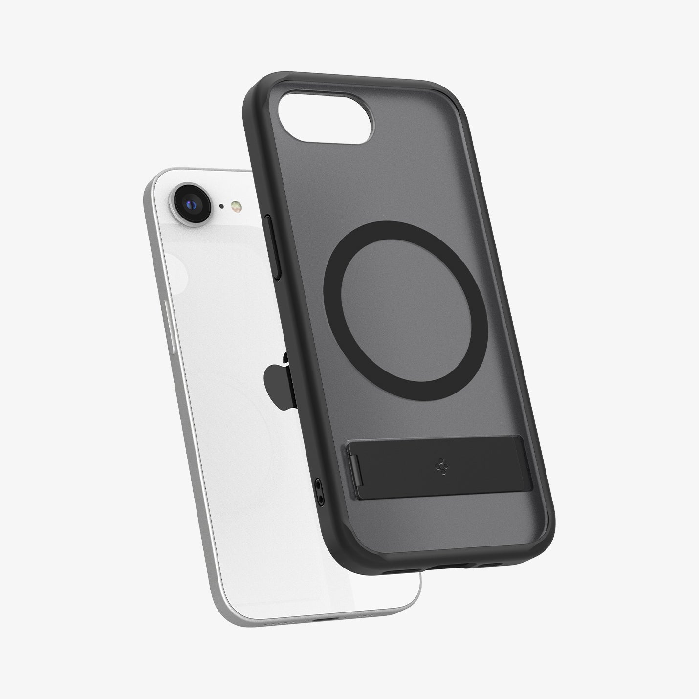 ACS09149 - iPhone 16e Case Ultra Hybrid S (MagFit) in Frost Black showing the back, partial side and bottom hovering in front of the device