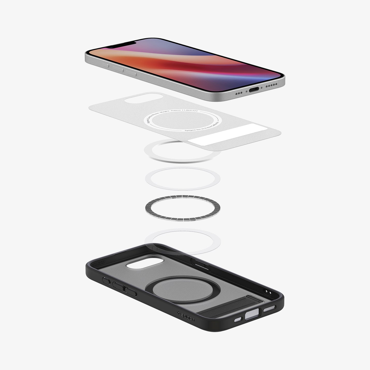 ACS09149 - iPhone 16e Case Ultra Hybrid S (MagFit) in Frost Black showing the device hovering above the detached inner layer, metal ring parts and the case