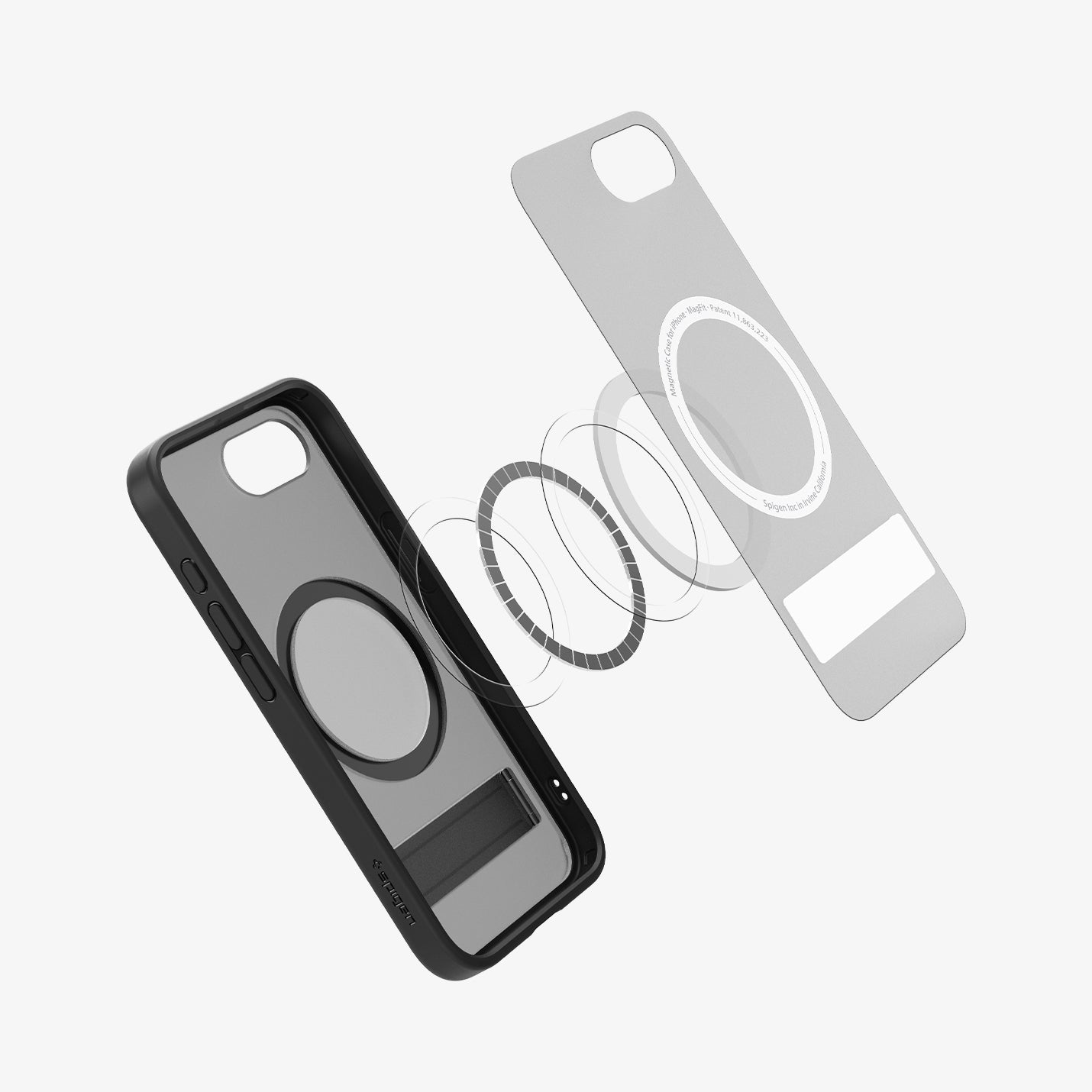ACS09149 - iPhone 16e Case Ultra Hybrid S (MagFit) in Frost Black showing the inner layer hovering above the detached metal ring parts and the case