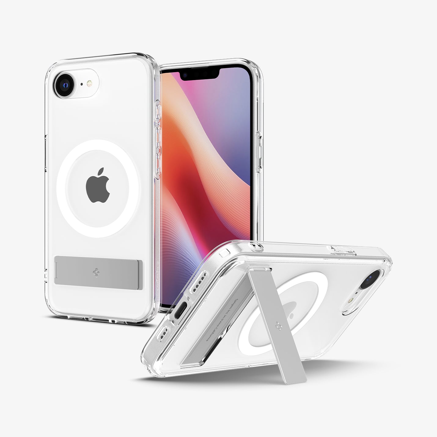 ACS09148 - iPhone 16e Case Ultra Hybrid S (MagFit) in Clear White showing the back, partial front, sides and bottom propped up with the built-in kickstand