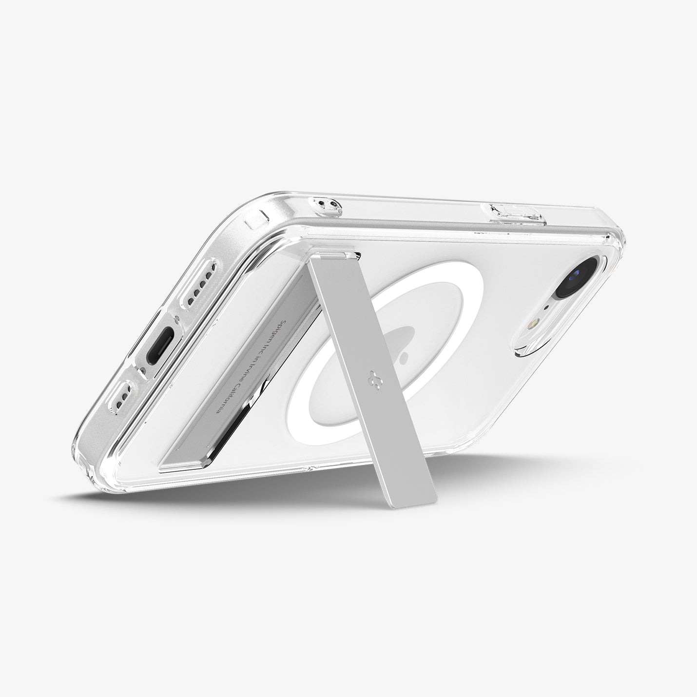 ACS09148 - iPhone 16e Case Ultra Hybrid S (MagFit) in Clear White showing the back, partial side and bottom propped up with the built-in kickstand in landscape style