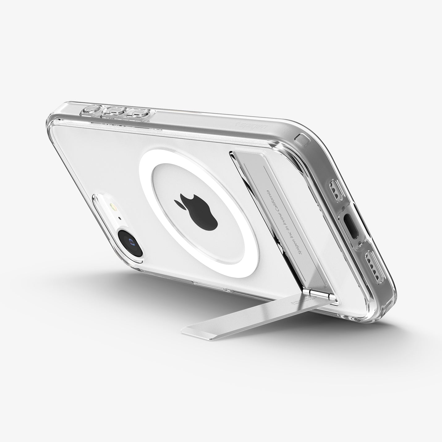 ACS09148 - iPhone 16e Case Ultra Hybrid S (MagFit) in Clear White showing the back, partial side and bottom propped up with the built-in kickstand