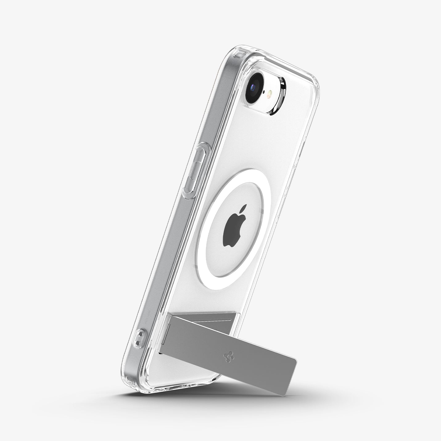 ACS09148 - iPhone 16e Case Ultra Hybrid S (MagFit) in Clear White showing the back, partial side propped up with the built-in kickstand in portrait style
