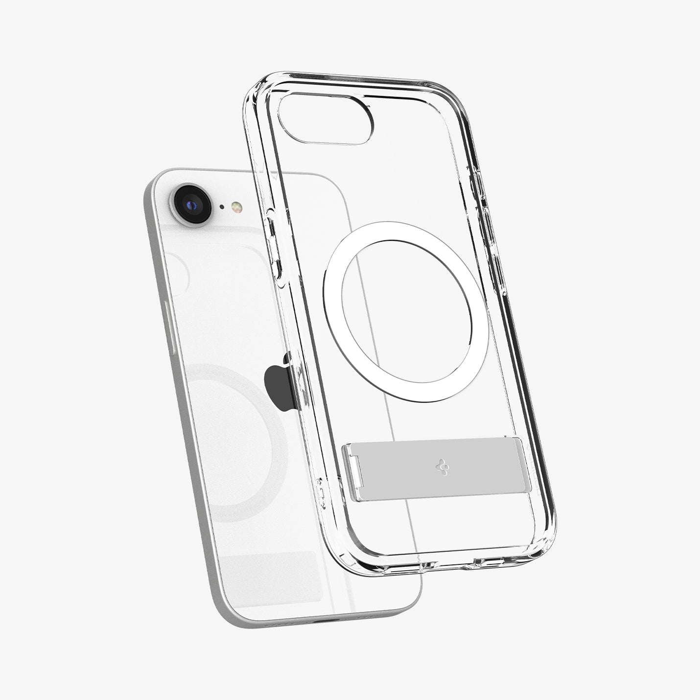 ACS09148 - iPhone 16e Case Ultra Hybrid S (MagFit) in Clear White showing the back, partial side and bottom hovering in front of the device
