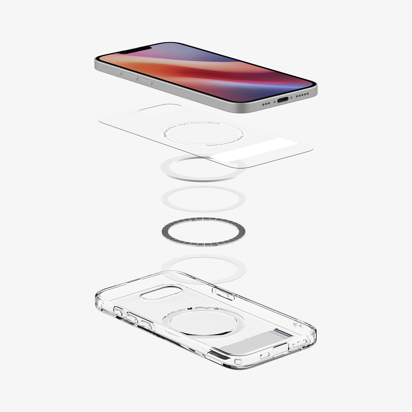 ACS09148 - iPhone 16e Case Ultra Hybrid S (MagFit) in Clear White showing the device hovering above the detached inner layer, metal ring parts and the case