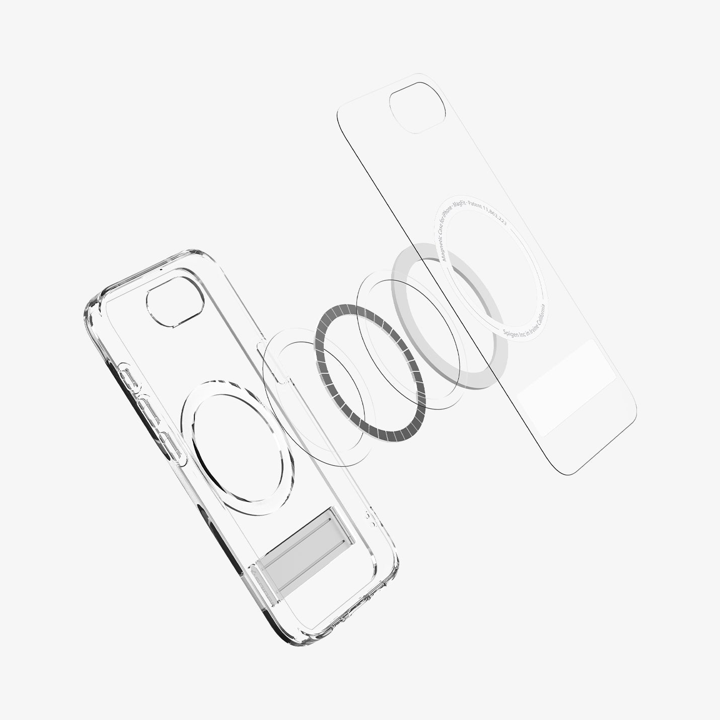 ACS09148 - iPhone 16e Case Ultra Hybrid S (MagFit) in Clear White showing the inner layer hovering above the detached metal ring parts and the case