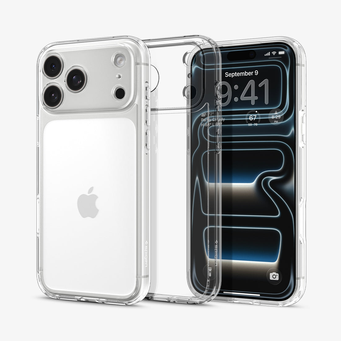 ACS10064 - iPhone 17 Pro Ultra Hybrid in Crystal Clear showing the back, detached from the frame of the case aligned with the device