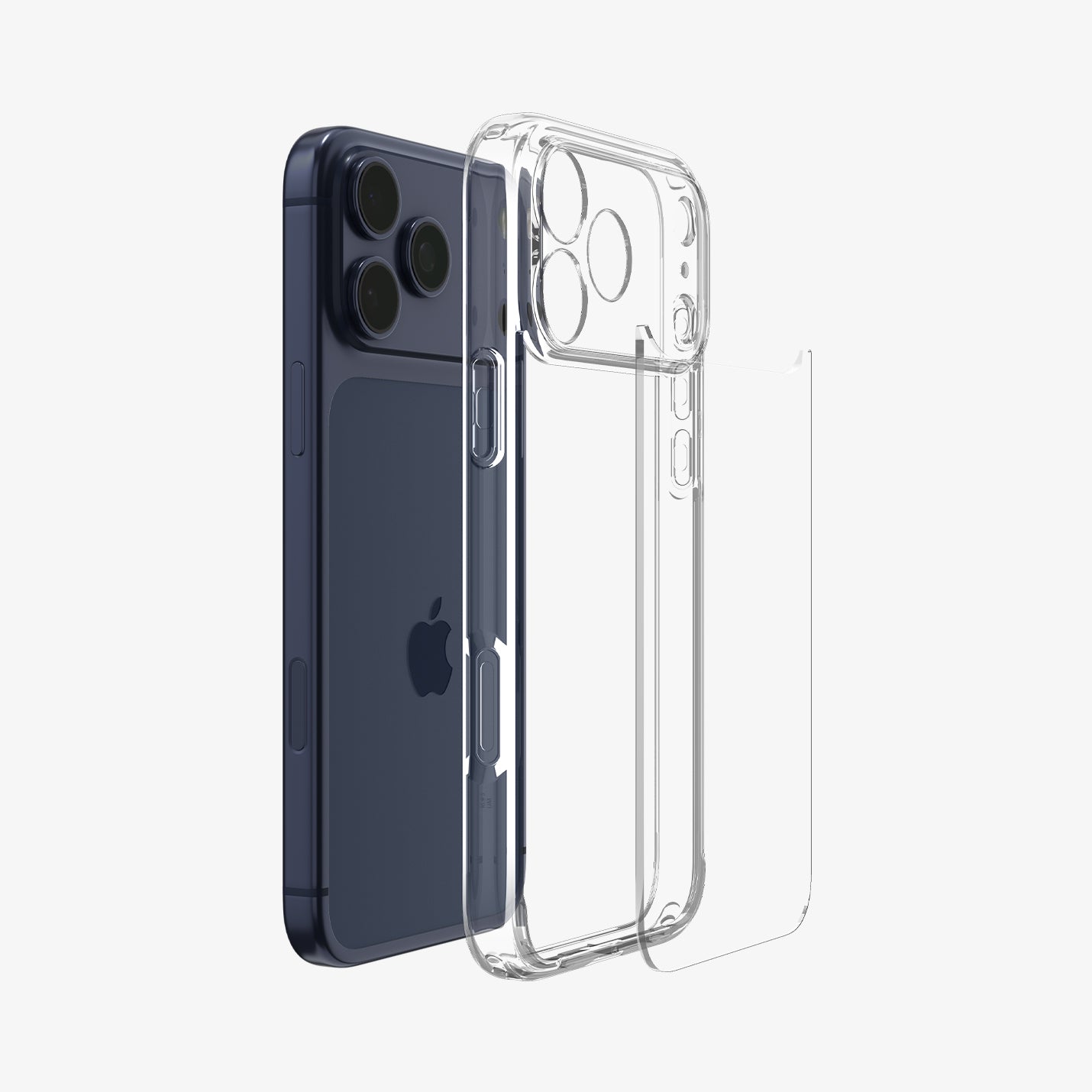 ACS10033 - iPhone 17 Pro Max Ultra Hybrid in Crystal Clear showing the back, detached from the frame of the case aligned with the device