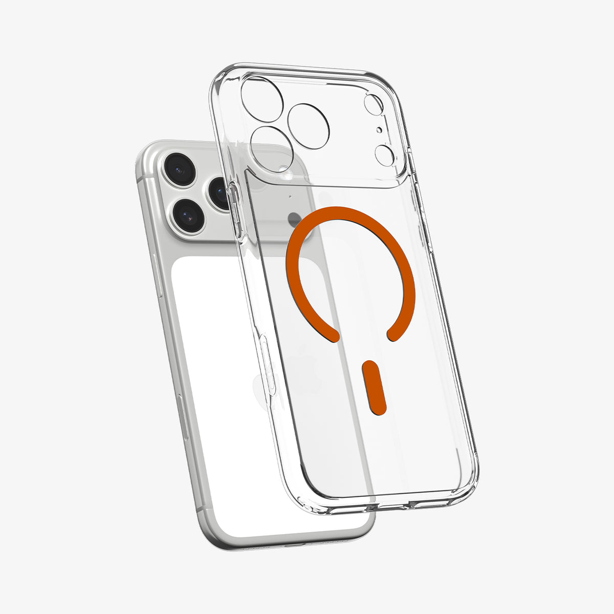 ACS11107CA - iPhone 18 Pro Max / iPhone 17 Pro Max Ultra Hybrid (MagFit) in Clear Orange showing the front of layer hovering above the magfit magnet plate and the case