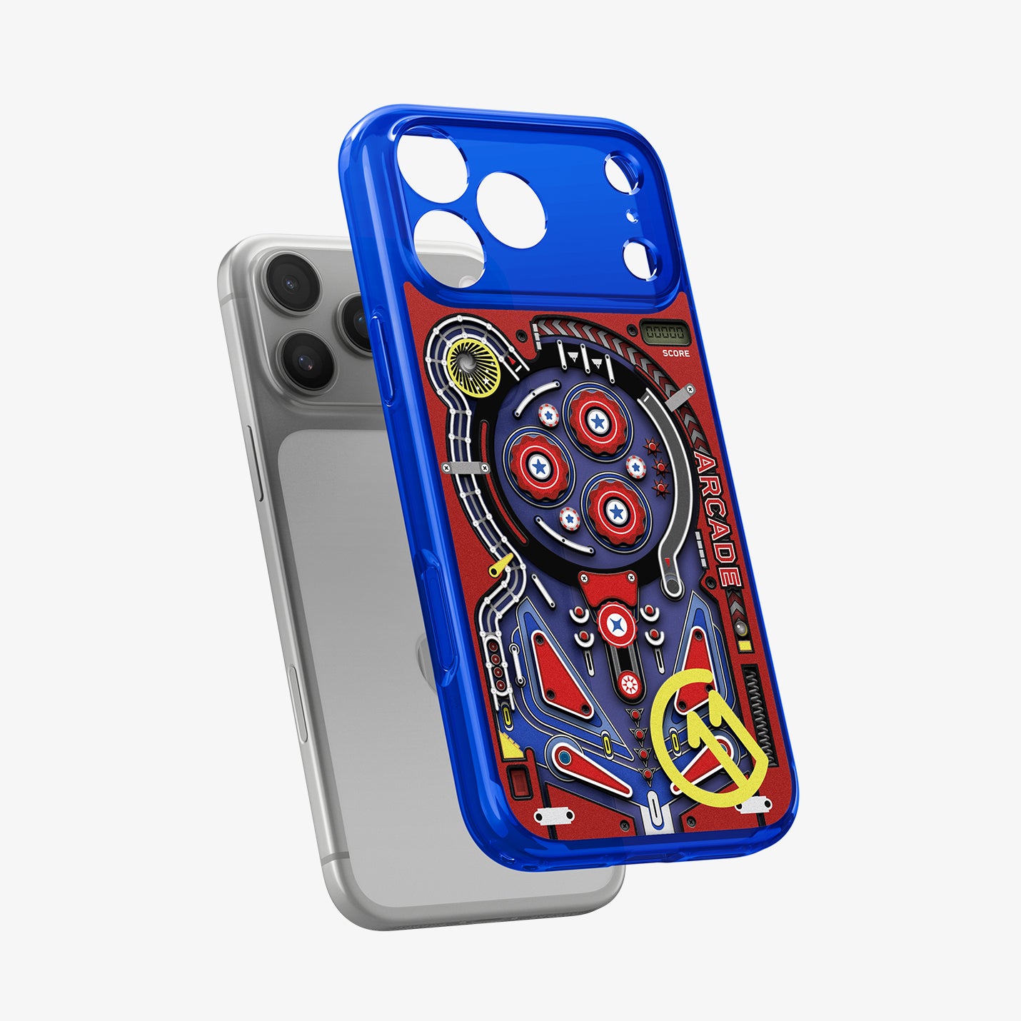 ACS11343 - iPhone 17 Pro Arcade case showing exploded view with transparent blue shell and pinball-inspired artwork insert