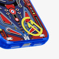 ACS11343 - iPhone 17 Pro Arcade case showing close-up of lower corner with pinball-inspired graphic details and transparent blue edge