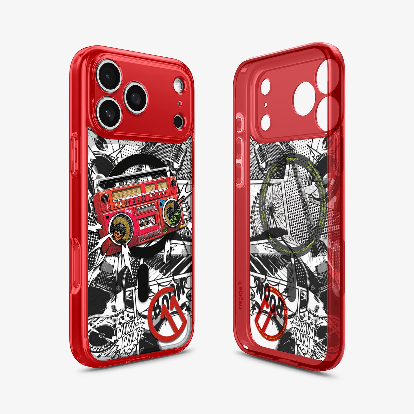 ACS11413 - Spigen C11 Blast iPhone 17 Pro case in Red showing boombox graffiti graphic design from back and interior angles