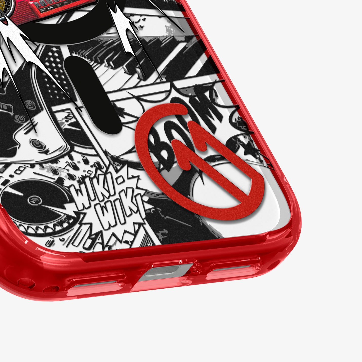 ACS11413 - Spigen C11 Blast iPhone 17 Pro case in Red close-up of boombox graffiti graphic and red bumper corner detail