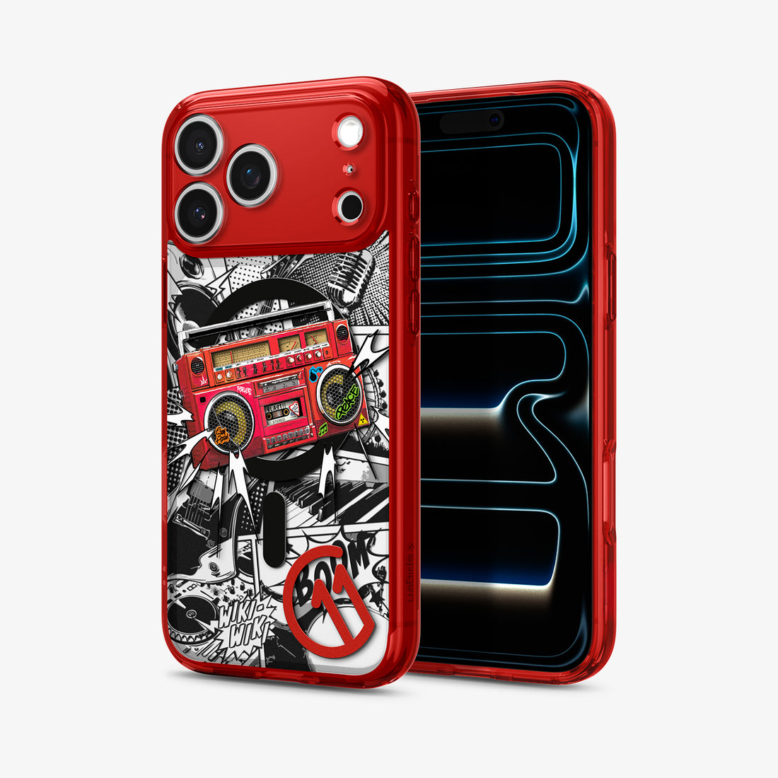 ACS11412 - Spigen C11 Blast iPhone 17 Pro Max case in Red showing boombox graffiti back design and front view on phone