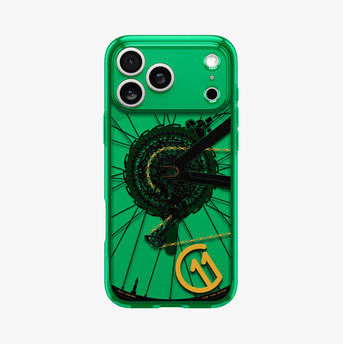 ACS11650 - Spigen Cadence C11 green iPhone 17 Pro Max case flat back view with bicycle gear and chain graphic