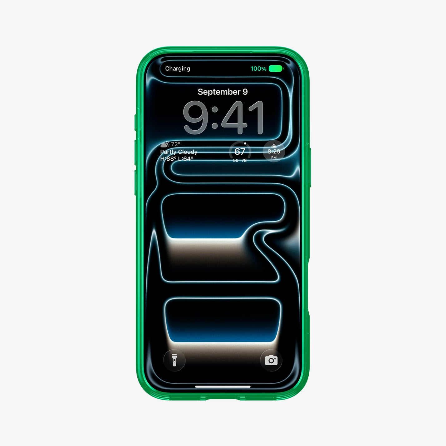 ACS11650 - Front view of iPhone 17 Pro Max in Spigen Cadence C11 green case showing lock screen