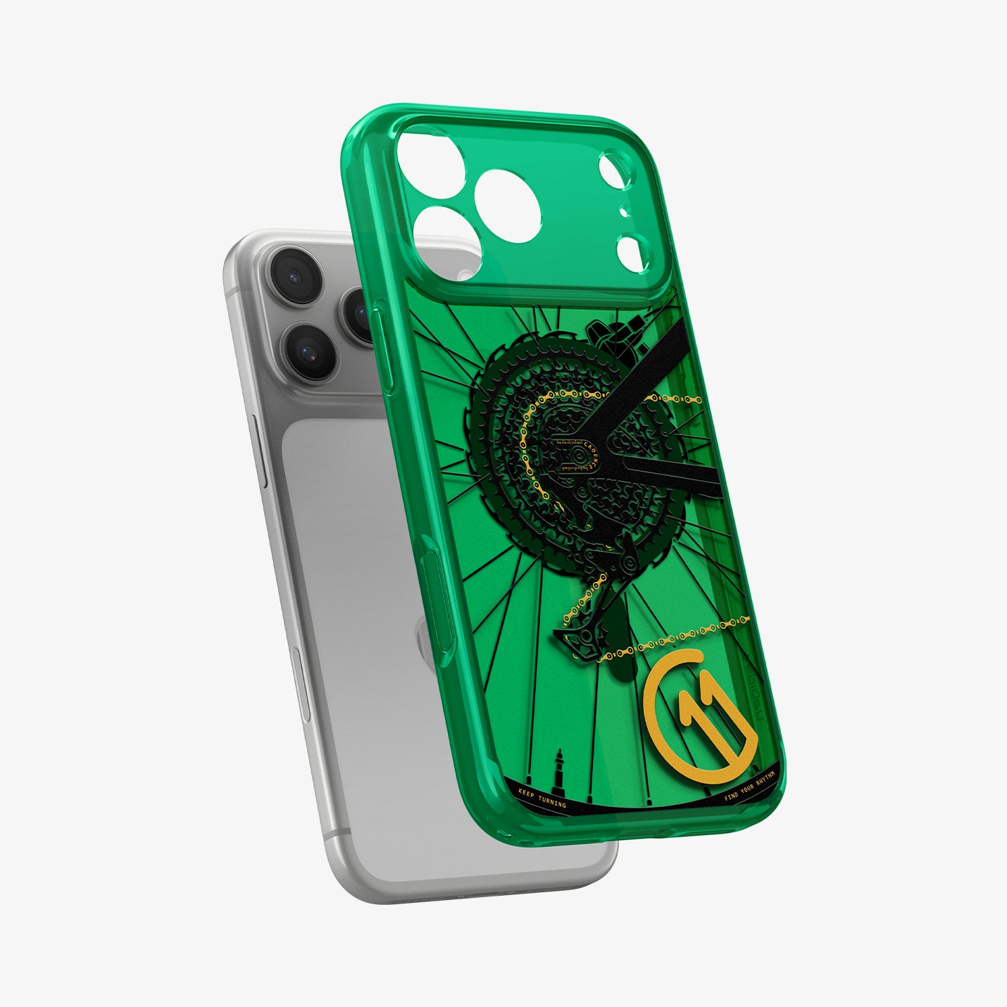 ACS11651 - Spigen Cadence C11 green iPhone 17 Pro case with bicycle gear design shown off iPhone