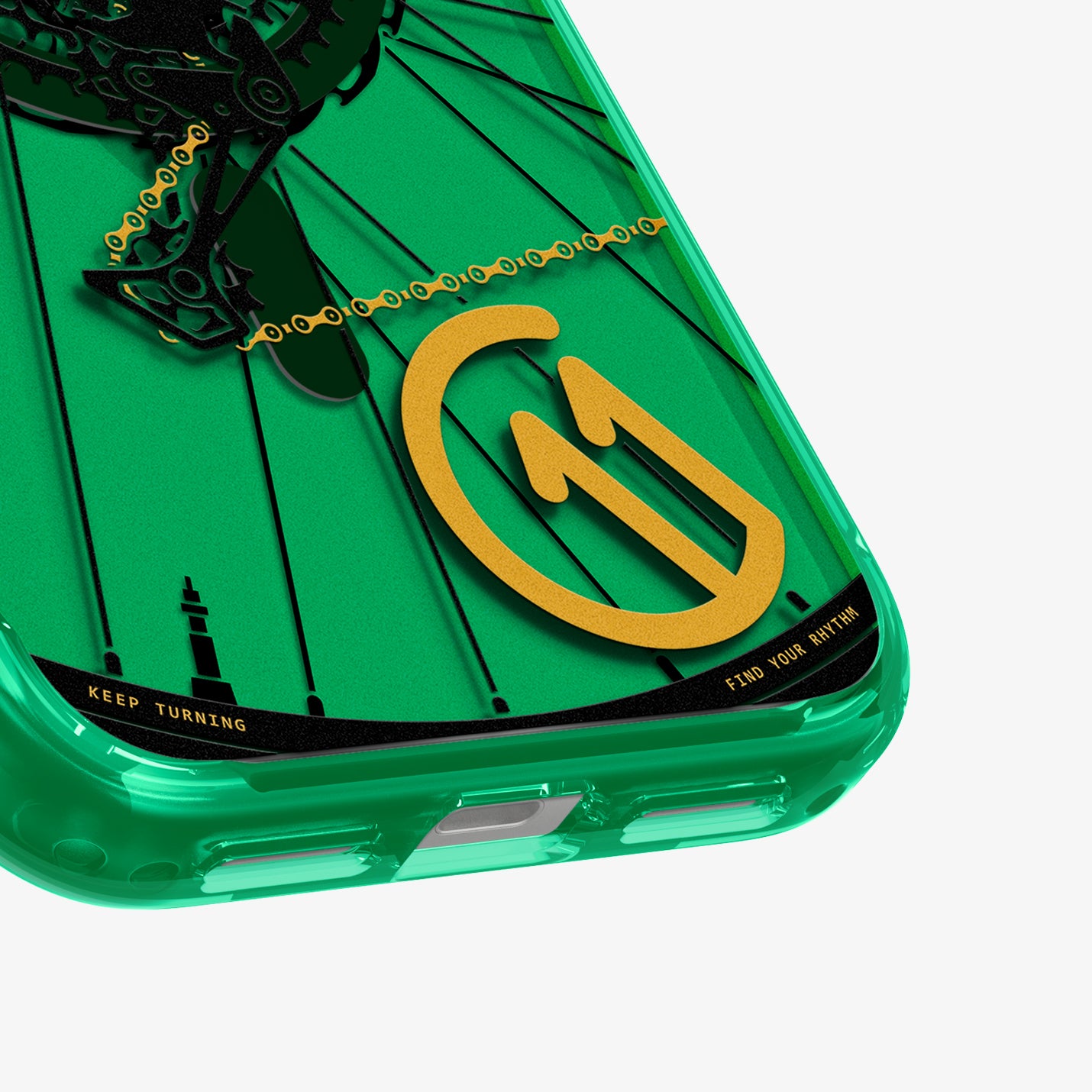 ACS11651 - Close-up of Spigen Cadence C11 case bottom corner showing bicycle chain graphic and Keep Turning text