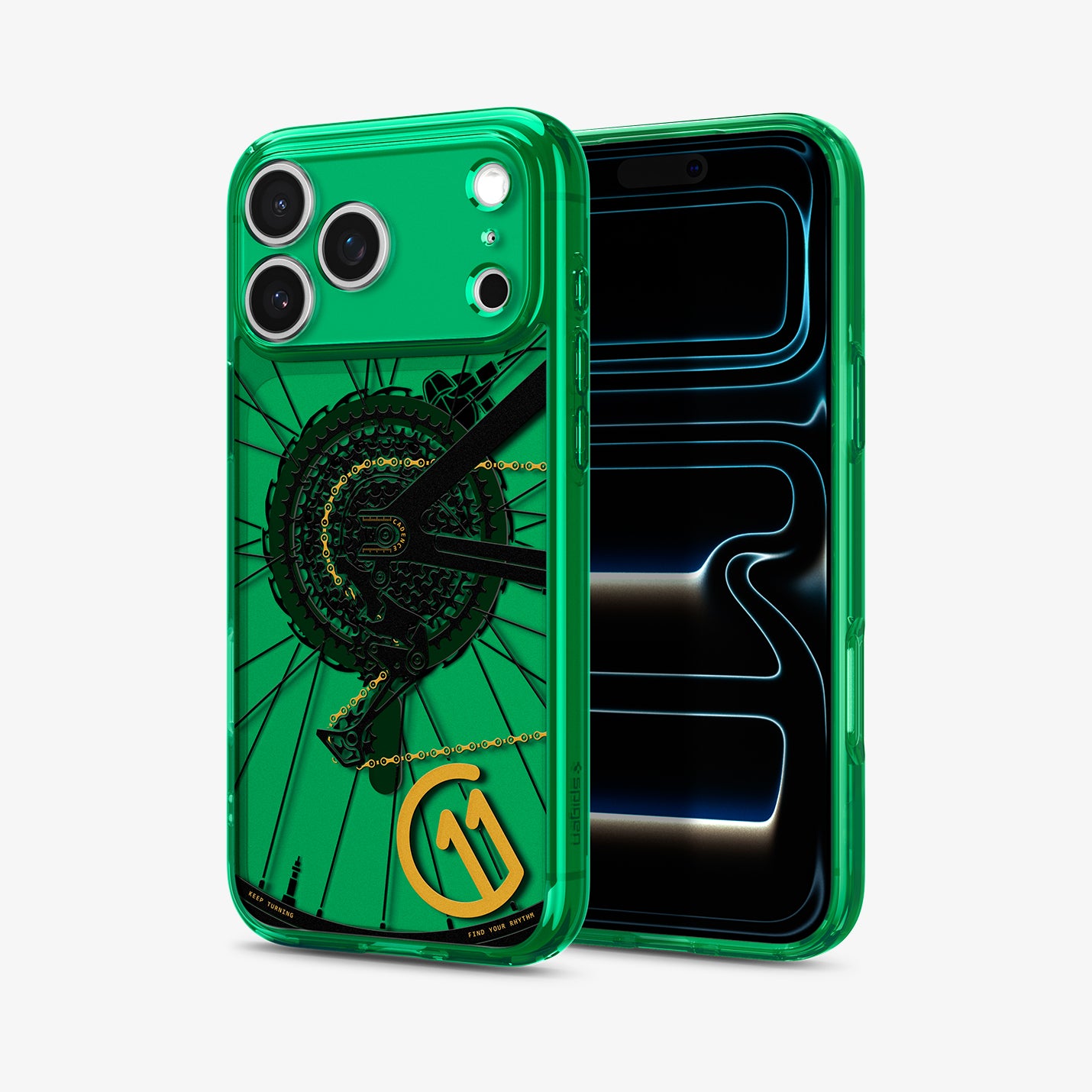 ACS11651 - Spigen Cadence C11 green iPhone 17 Pro case showing back and front view with lock screen visible