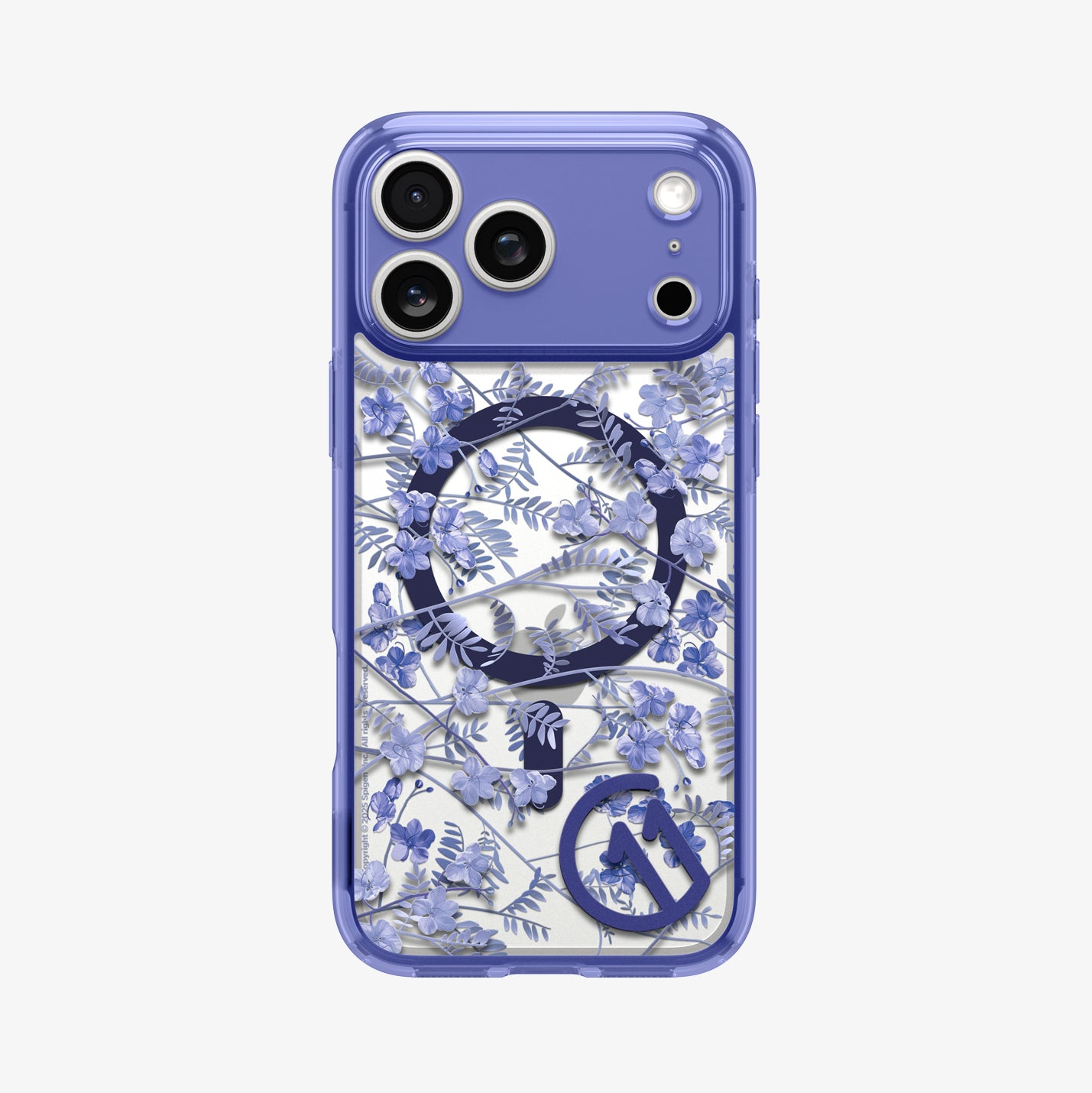 ACS11473 - Straight-on back view of Spigen C11 Cobalt Spring MagSafe case for iPhone 17 Pro showing full cobalt blue botanical floral pattern
