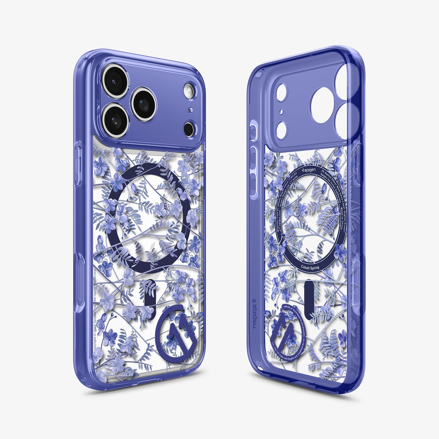 ACS11473 - Front and back view of Spigen C11 Cobalt Spring MagSafe case for iPhone 17 Pro showing blue floral botanical print design