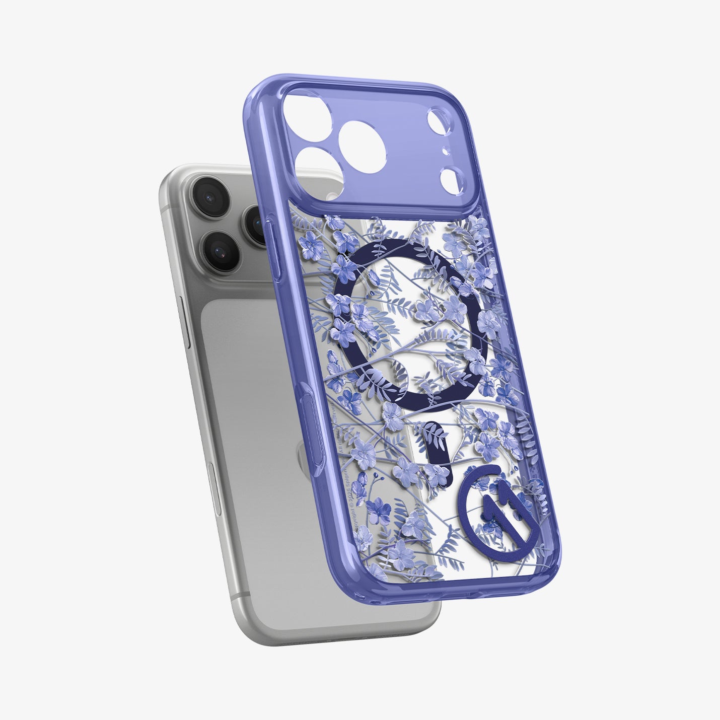 ACS11473 - Spigen C11 Cobalt Spring MagSafe case floating above iPhone 17 Pro showing blue botanical floral pattern and camera cutouts