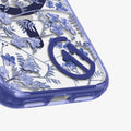 ACS11472 - Close-up of Spigen C11 Cobalt Spring case bottom corner showing detailed blue floral botanical print and MagSafe ring