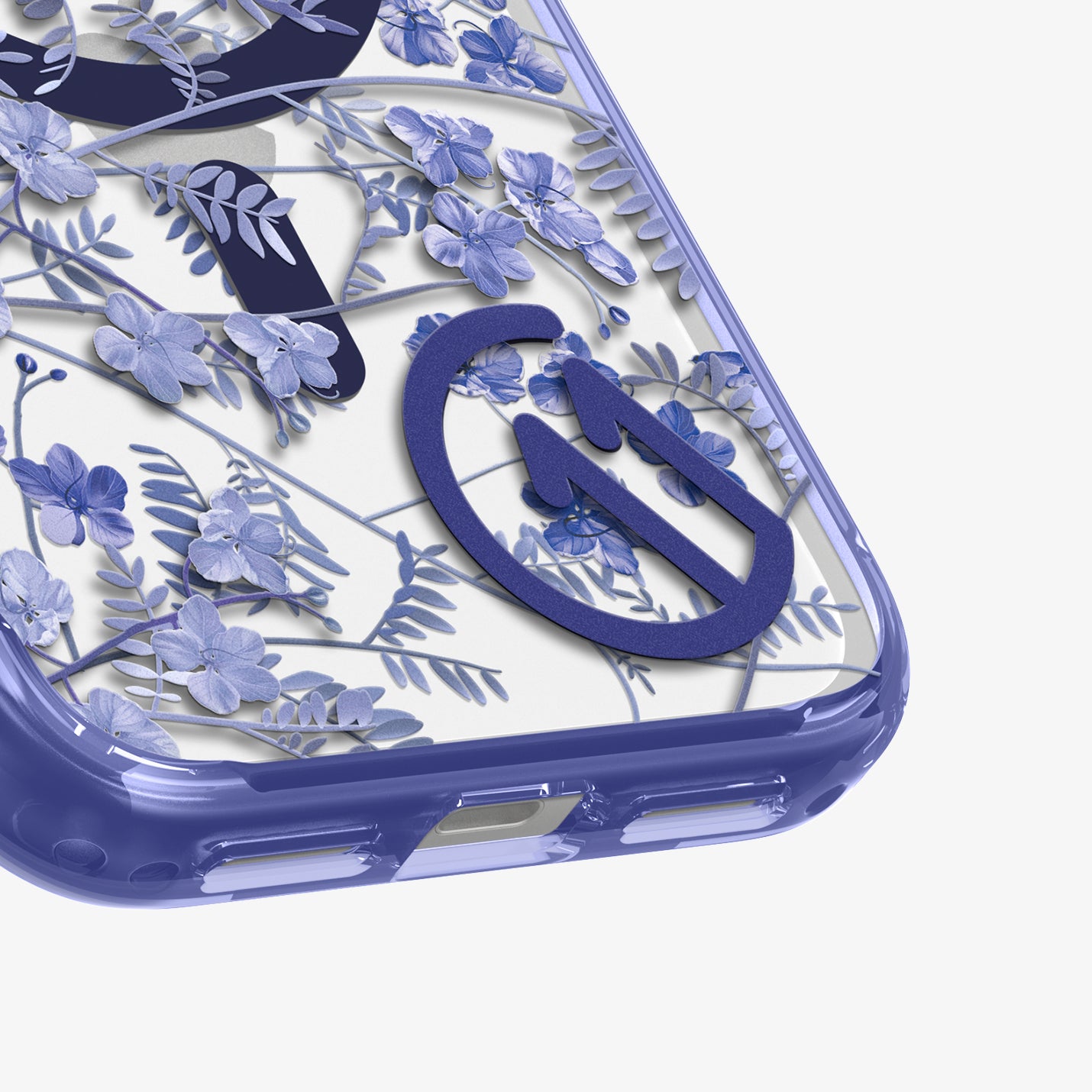 ACS11472 - Close-up of Spigen C11 Cobalt Spring case bottom corner showing detailed blue floral botanical print and MagSafe ring