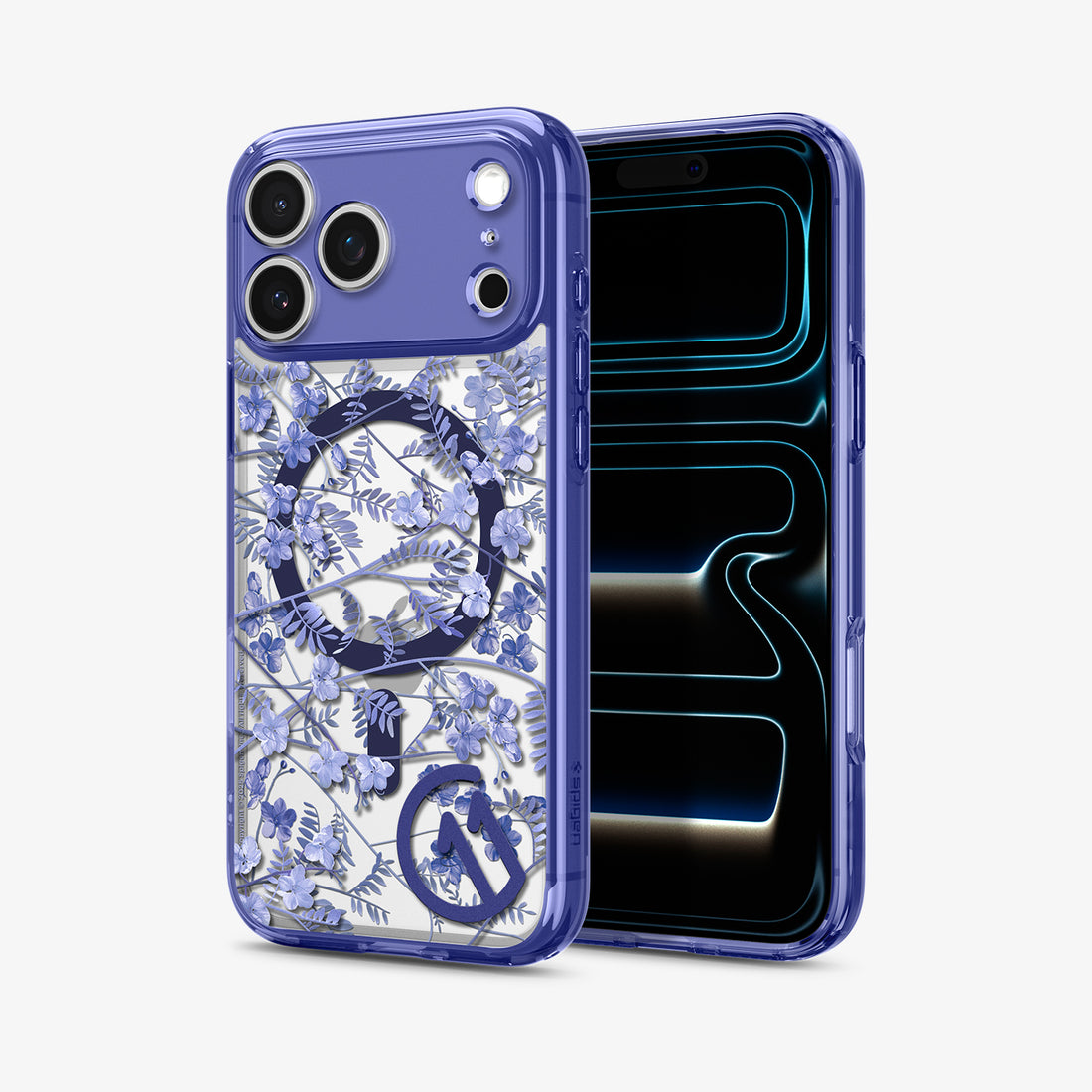 ACS11472 - Back and front view of Spigen C11 Cobalt Spring MagSafe case on iPhone 17 Pro Max showing floral print back and display