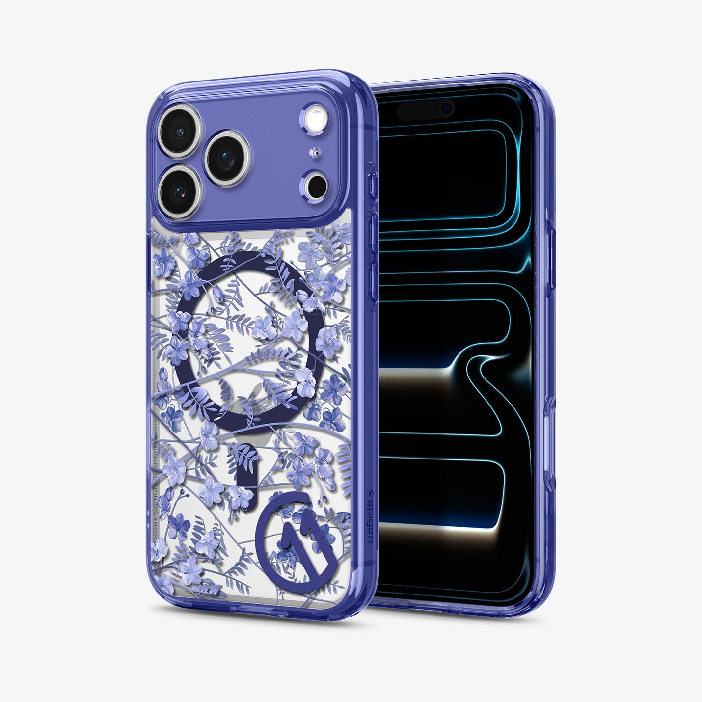 ACS11473 - Back and front view of Spigen C11 Cobalt Spring MagSafe case on iPhone 17 Pro showing floral print back and display