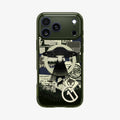 ACS12049 - Spigen Phantom C11 olive green iPhone 17 Pro Max case flat back view with UFO conspiracy collage graphic