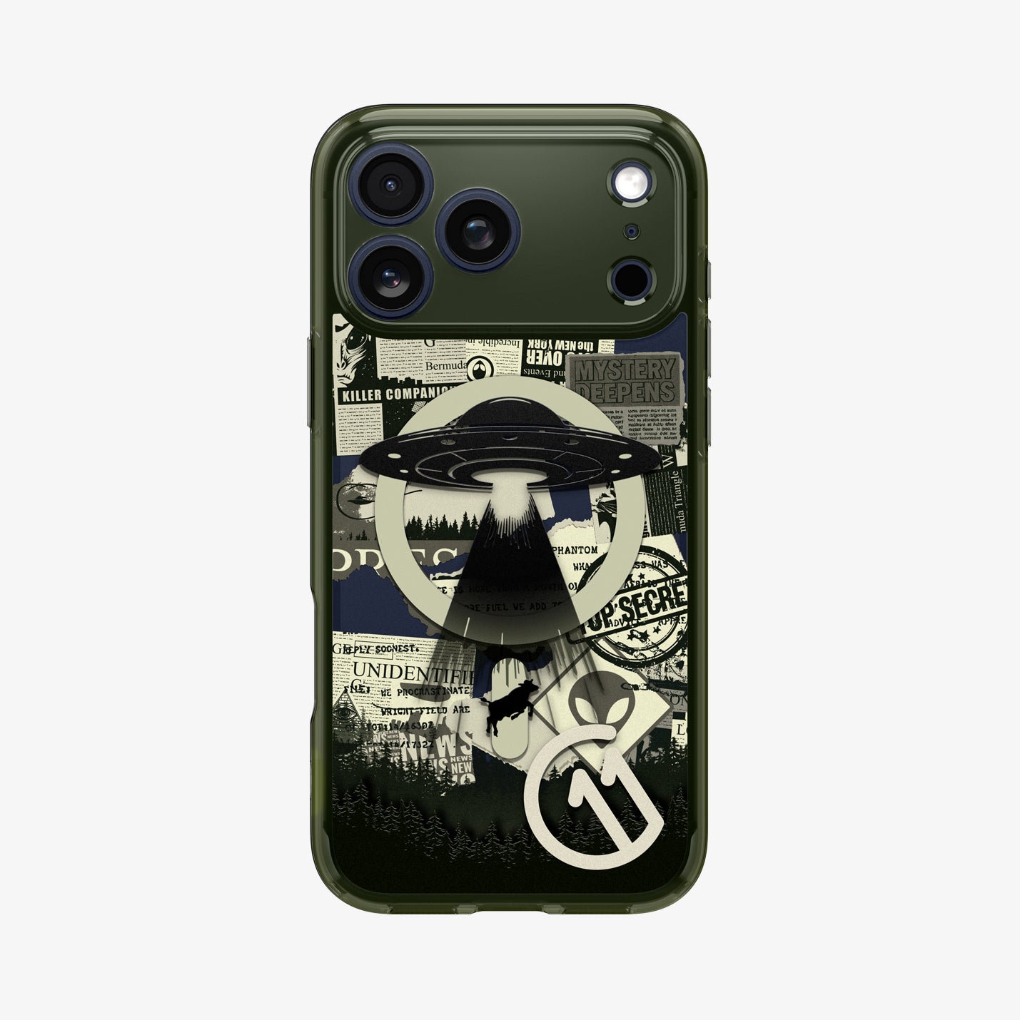 ACS12050 - Spigen Phantom C11 olive green iPhone 17 Pro case flat back view with UFO conspiracy collage graphic