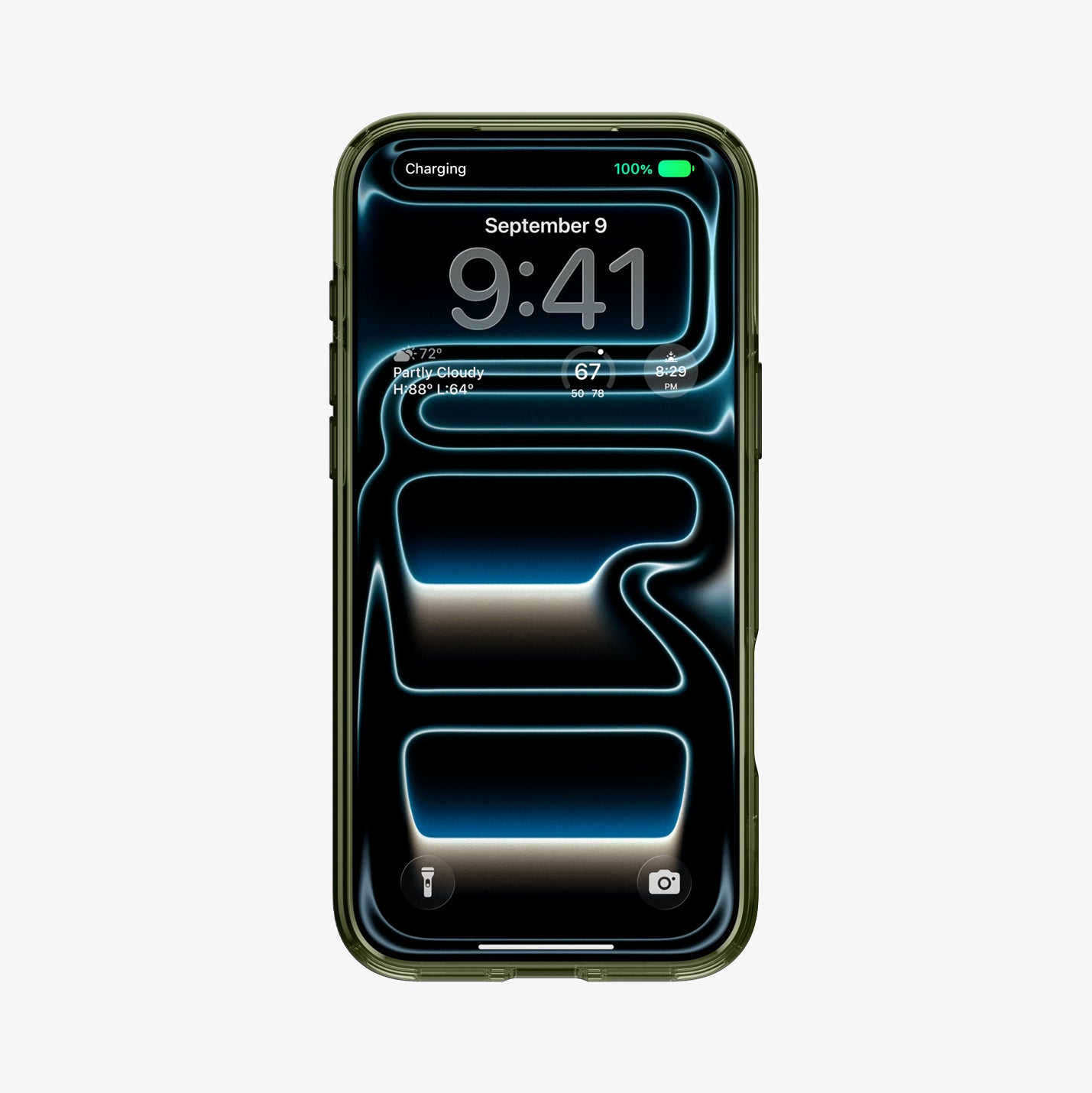 ACS12049 - Front view of iPhone 17 Pro Max in Spigen Phantom C11 olive green case showing lock screen