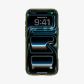 ACS12050 - Front view of iPhone 17 Pro in Spigen Phantom C11 olive green case showing lock screen