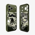 ACS12050 - Spigen Phantom C11 olive green iPhone 17 Pro case with UFO and conspiracy newspaper collage graphic, front and back view