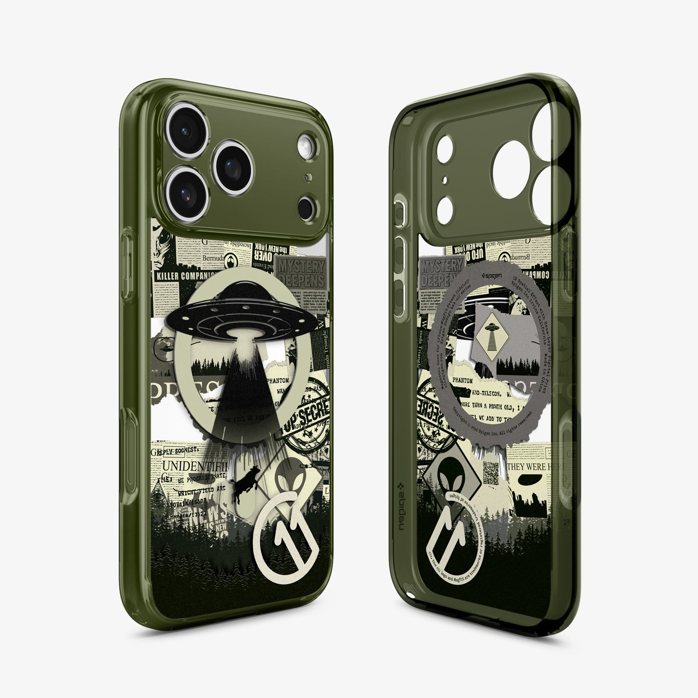 ACS12050 - Spigen Phantom C11 olive green iPhone 17 Pro case with UFO and conspiracy newspaper collage graphic, front and back view
