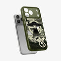 ACS12049 - Spigen Phantom C11 olive green iPhone 17 Pro Max case with UFO collage design shown off iPhone