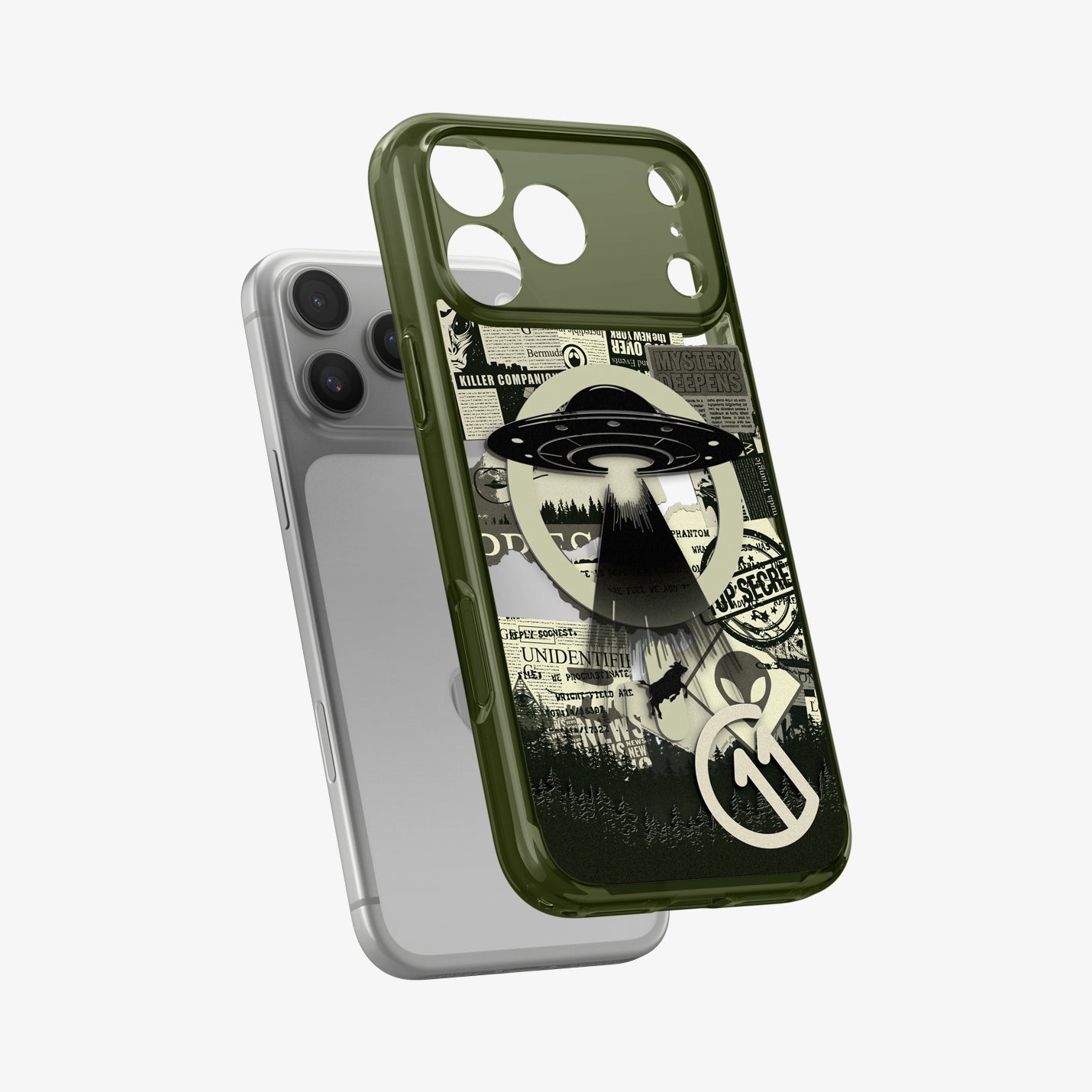 ACS12050 - Spigen Phantom C11 olive green iPhone 17 Pro case with UFO collage design shown off iPhone