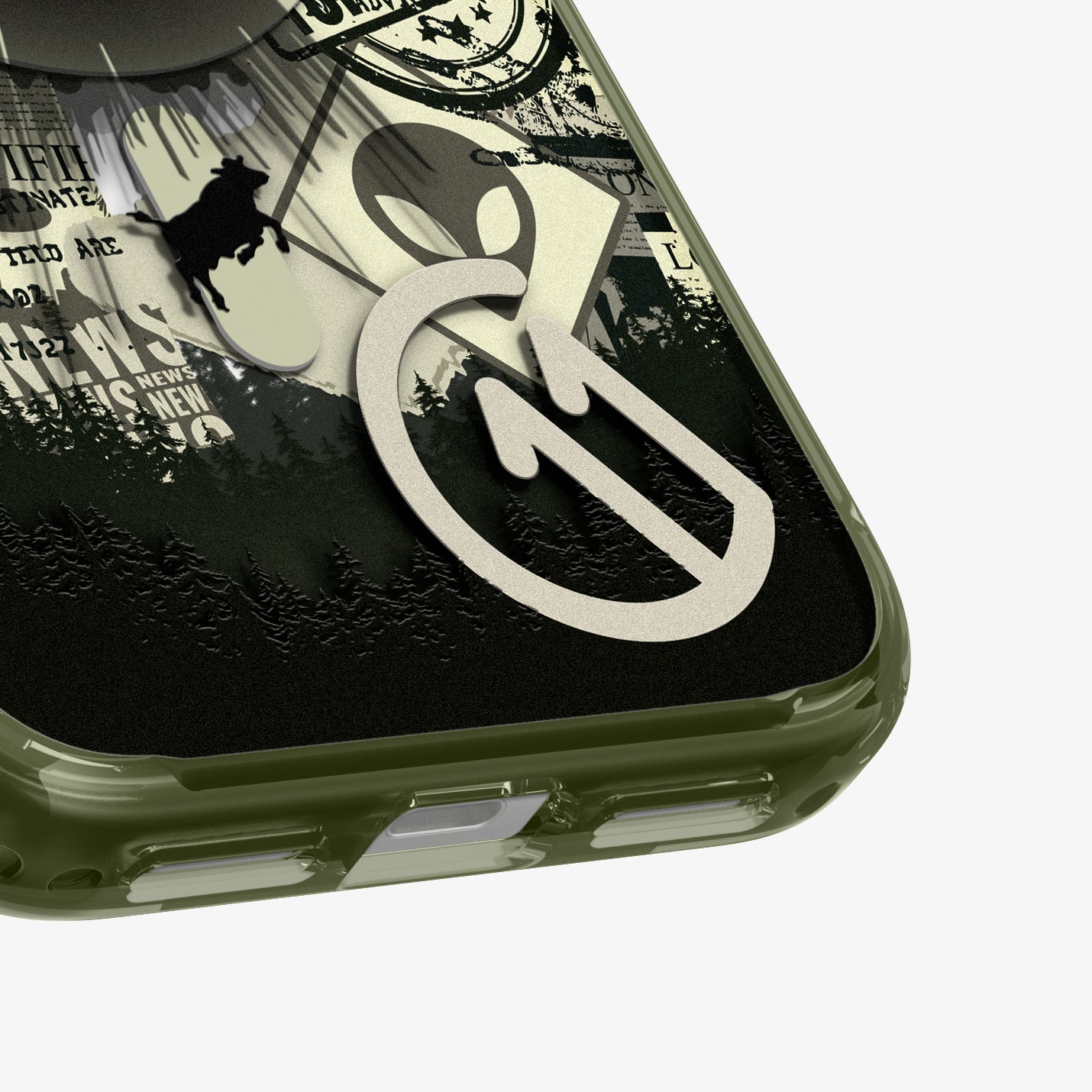 ACS12049 - Close-up of Spigen Phantom C11 case bottom corner showing alien and forest graphic detail and logo