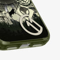 ACS12050 - Close-up of Spigen Phantom C11 case bottom corner showing alien and forest graphic detail and logo